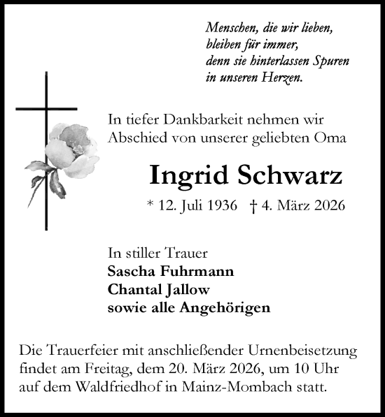 Traueranzeige von Ingrid Schwarz von Allgemeine Zeitung Mainz
