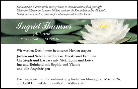 Traueranzeige von Ingrid Thumser von Hinterländer Anzeiger
