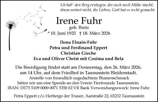 Traueranzeige von Irene Fuhr von Wiesbadener Kurier