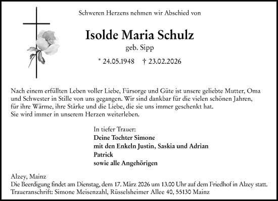 Traueranzeige von Isolde Maria Schulz von Allgemeine Zeitung Alzey