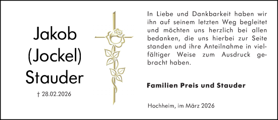 Traueranzeige von Jakob Stauder von Allgemeine Zeitung Mainz