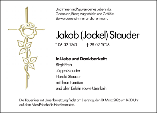 Traueranzeige von Jakob Stauder von Hochheimer Zeitung