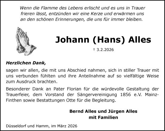 Traueranzeige von Johann Alles von Allgemeine Zeitung Mainz