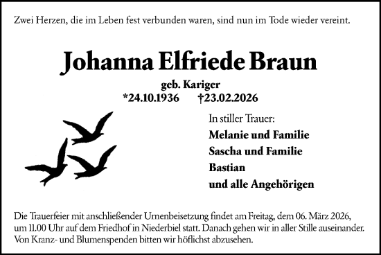 Traueranzeige von Johanna Elfriede Braun von Wetzlarer Neue Zeitung