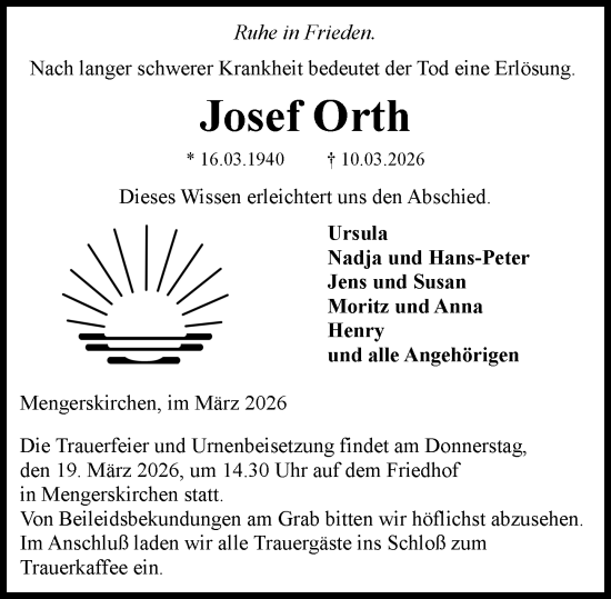 Traueranzeige von Josef Orth von Weilburger Tageblatt
