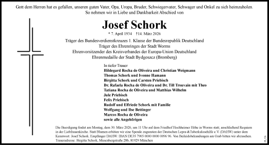 Traueranzeige von Josef Schork von Wormser Zeitung