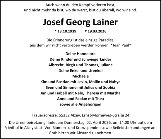 Traueranzeige von Josef Georg Lainer von Allgemeine Zeitung Alzey
