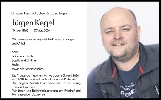 Traueranzeige von Jürgen Kegel von Hinterländer Anzeiger