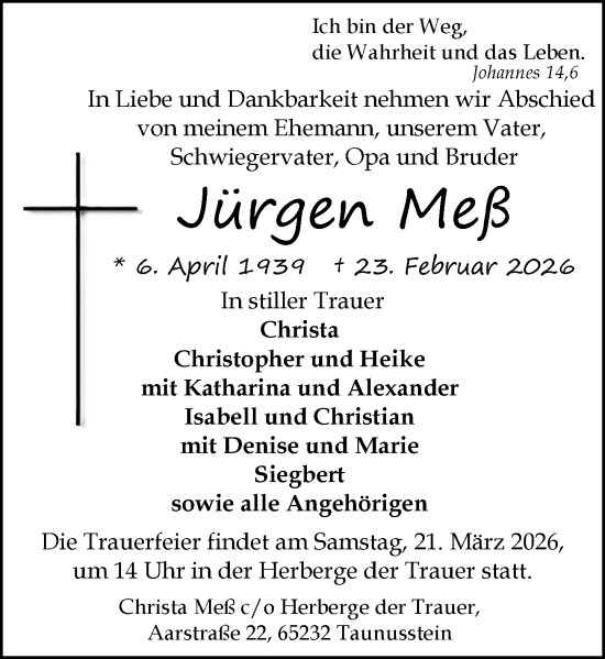 Traueranzeige von Jürgen Meß von Wiesbadener Kurier