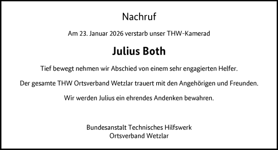 Traueranzeige von Julius Both von Wetzlarer Neue Zeitung
