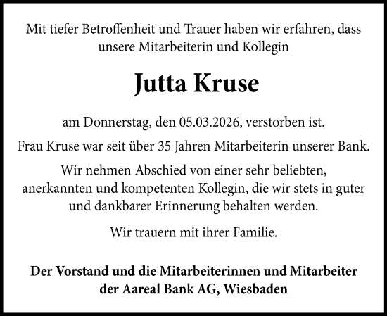 Traueranzeige von Jutta Kruse von Wiesbadener Kurier