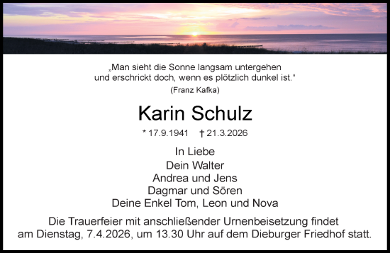Traueranzeige von Karin Schulz von Dieburger Anzeiger/Groß-Zimmerner Lokal-Anzeiger