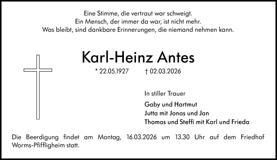 Traueranzeige von Karl-Heinz Antes von Wormser Zeitung