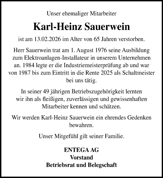 Traueranzeige von Karl-Heinz Sauerwein von Odenwälder Echo