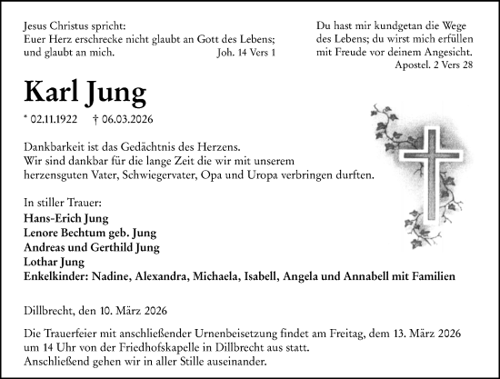 Traueranzeige von Karl Jung von Dill Block