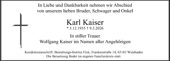 Traueranzeige von Karl Kaiser von Wiesbadener Kurier