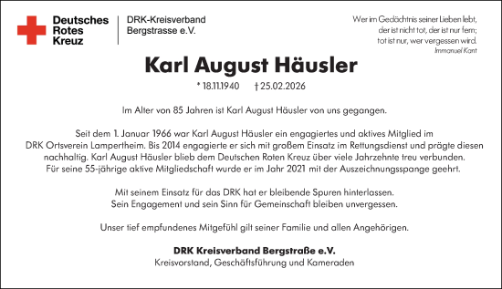 Traueranzeige von Karl August Häusler von Starkenburger Echo
