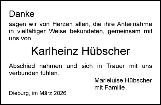 Traueranzeige von Karlheinz Hübscher von Dieburger Anzeiger/Groß-Zimmerner Lokal-Anzeiger