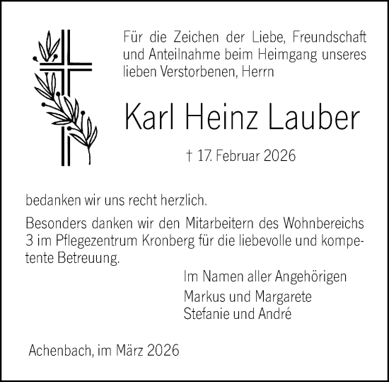 Traueranzeige von Karl Heinz Lauber von Hinterländer Anzeiger