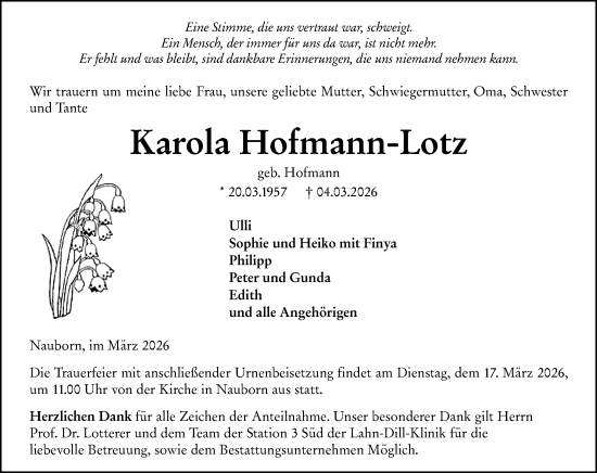 Traueranzeige von Karola Hofmann-Lotz von Wetzlarer Neue Zeitung