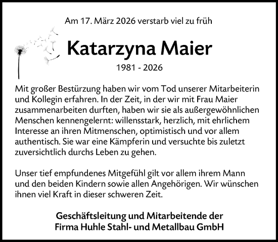 Traueranzeige von Katarzyna Maier von Wiesbadener Kurier