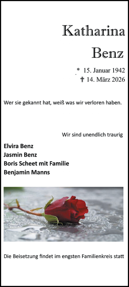 Traueranzeige von Katharina Benz von Darmstädter Echo