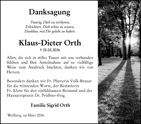 Traueranzeige von Klaus-Dieter Orth von Weilburger Tageblatt