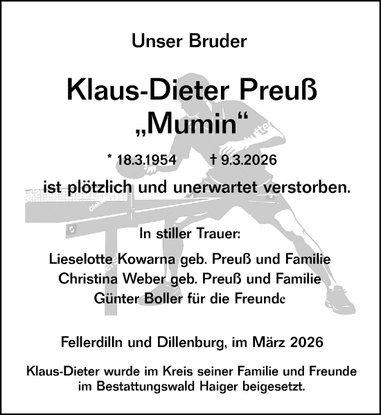 Traueranzeige von Klaus-Dieter Preuß von Dill Block