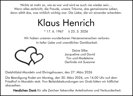 Traueranzeige von Klaus Henrich von Dill Block