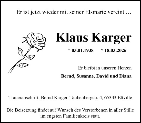 Traueranzeige von Klaus Karger von Rheingau Kurier