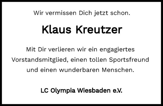 Traueranzeige von Klaus Kreutzer von Wiesbadener Kurier
