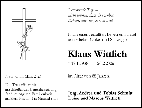 Traueranzeige von Klaus Wittlich von Wiesbadener Kurier