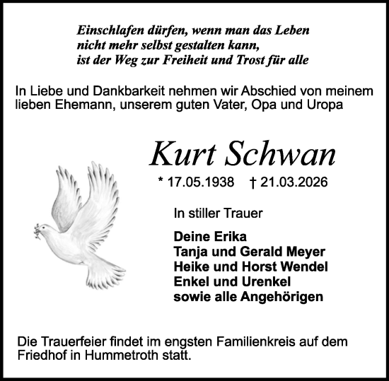 Traueranzeige von Kurt Schwan von Odenwälder Echo