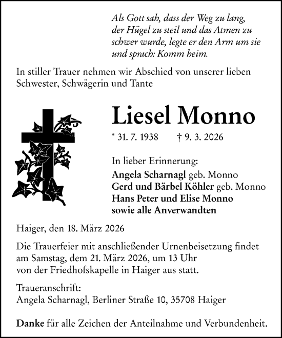 Traueranzeige von Liesel Monno von Dill Block
