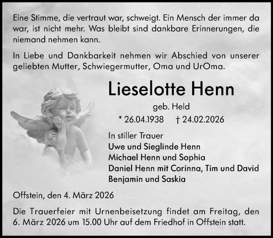 Traueranzeige von Lieselotte Henn von Wormser Zeitung
