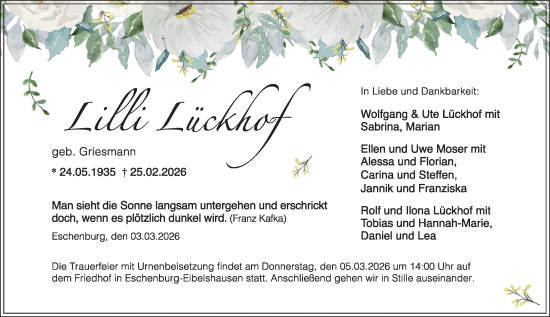 Traueranzeige von Lilli Lückhof von Dill Block