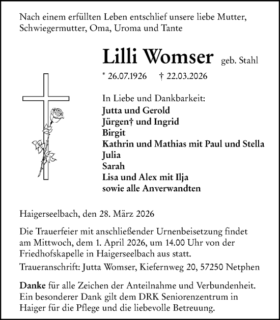 Traueranzeige von Lilli Womser von Dill Block