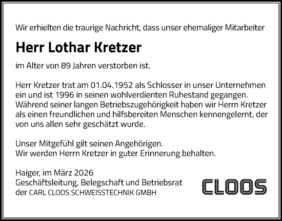Traueranzeige von Lothar Kretzer von Dill Block