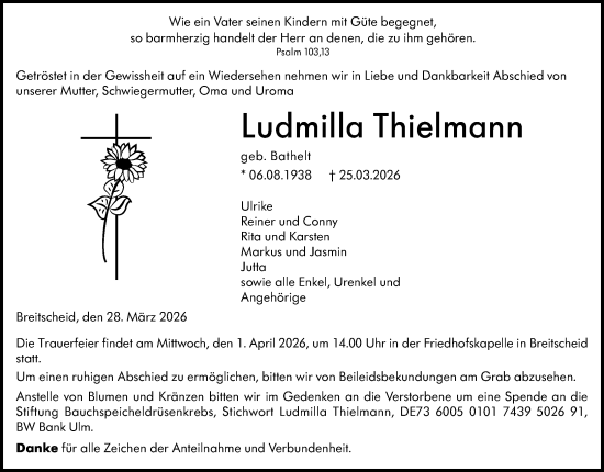 Traueranzeige von Ludmilla Thielmann von Dill Block
