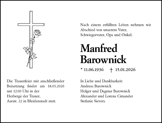 Traueranzeige von Manfred Barownick von Wiesbadener Kurier