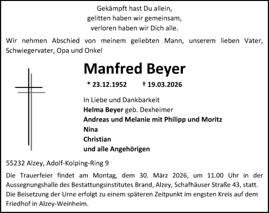 Traueranzeige von Manfred Beyer von Allgemeine Zeitung Alzey