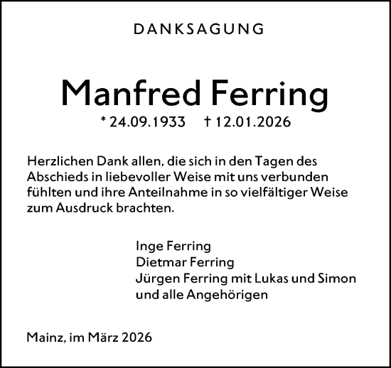 Traueranzeige von Manfred Ferring von Allgemeine Zeitung Mainz