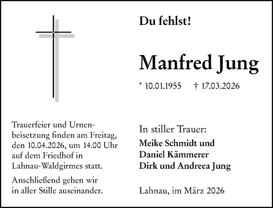 Traueranzeige von Manfred Jung von Wetzlarer Neue Zeitung