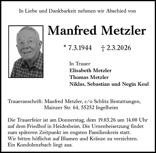 Traueranzeige von Manfred Metzler von Allgemeine Zeitung Mainz