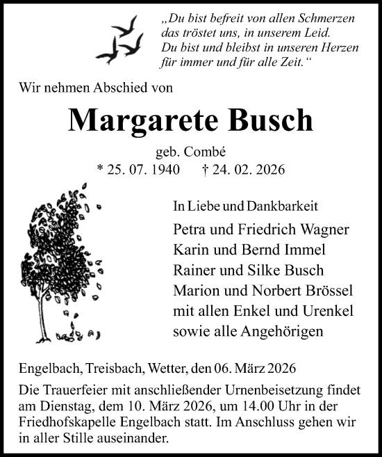 Traueranzeige von Margarete Busch von Hinterländer Anzeiger