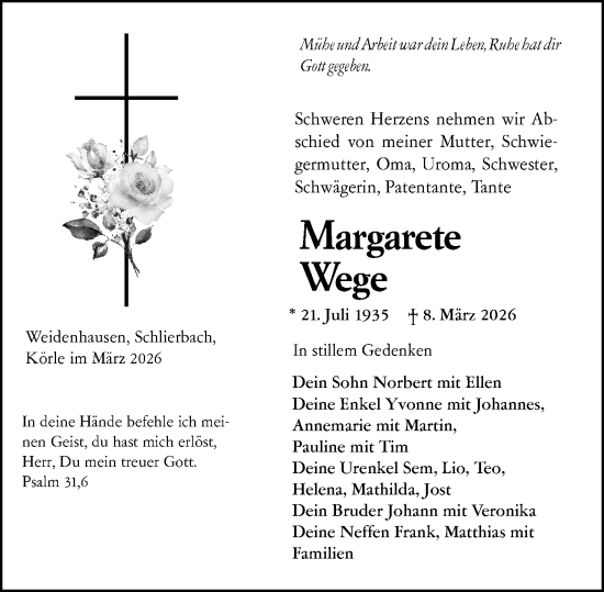 Traueranzeige von Margarete Wege von Hinterländer Anzeiger