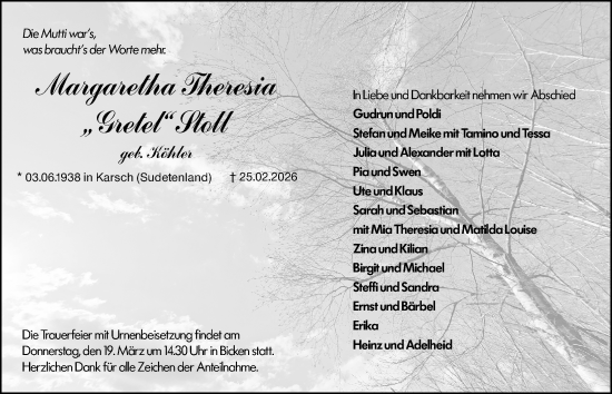 Traueranzeige von Margaretha Theresia Stoll von Dill Block