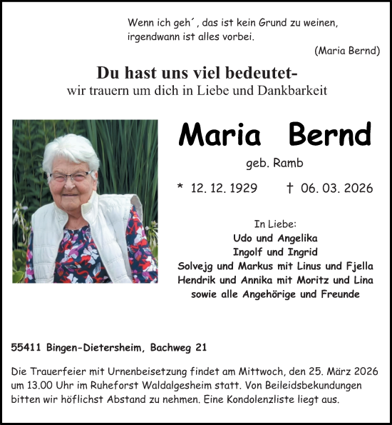 Traueranzeige von Maria Bernd von Binger-/Ingelheimer Wochenblatt