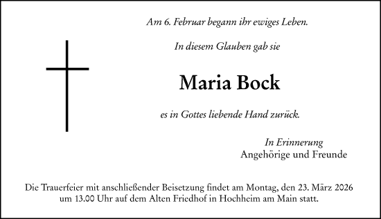 Traueranzeige von Maria Bock von Hochheimer Zeitung