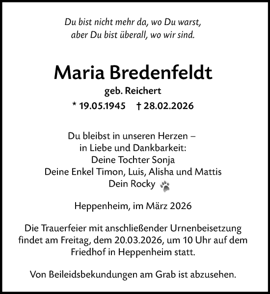 Traueranzeige von Maria Bredenfeldt von Starkenburger Echo